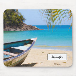 Mousepad Linda praia tropical com um barco a remo