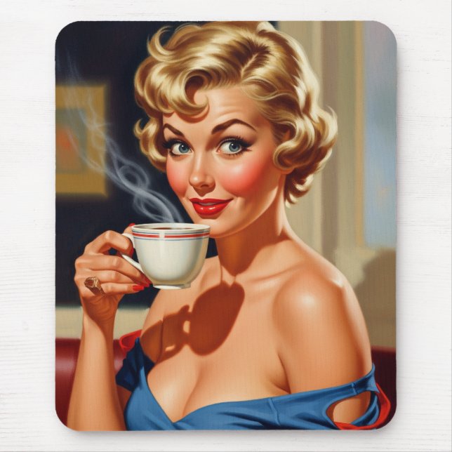 Mousepad Linda Retro Mulher com uma xícara de café (Frente)