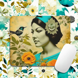 Mousepad Linda Vintage Mulher com Pássaros e Flores
