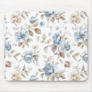Mousepad Lindas Flores Azuis Creme Bege Marrom