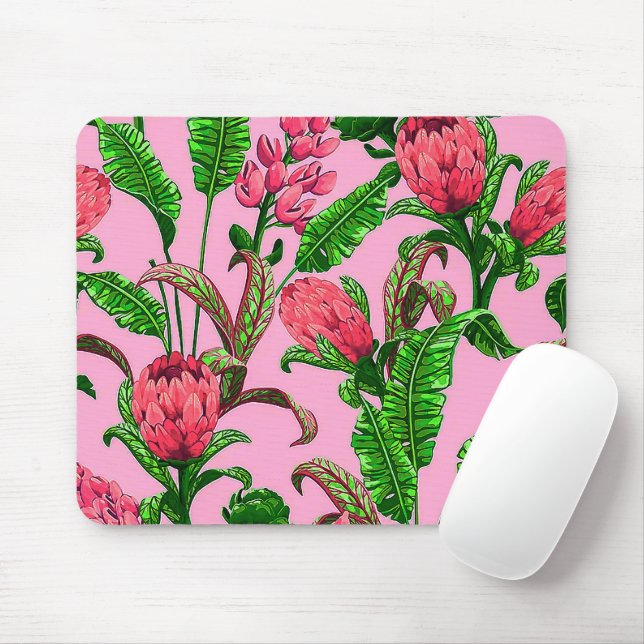 Mousepad Lindas Folhas Verdes Tropicais com Flores Vermelha (Com mouse)