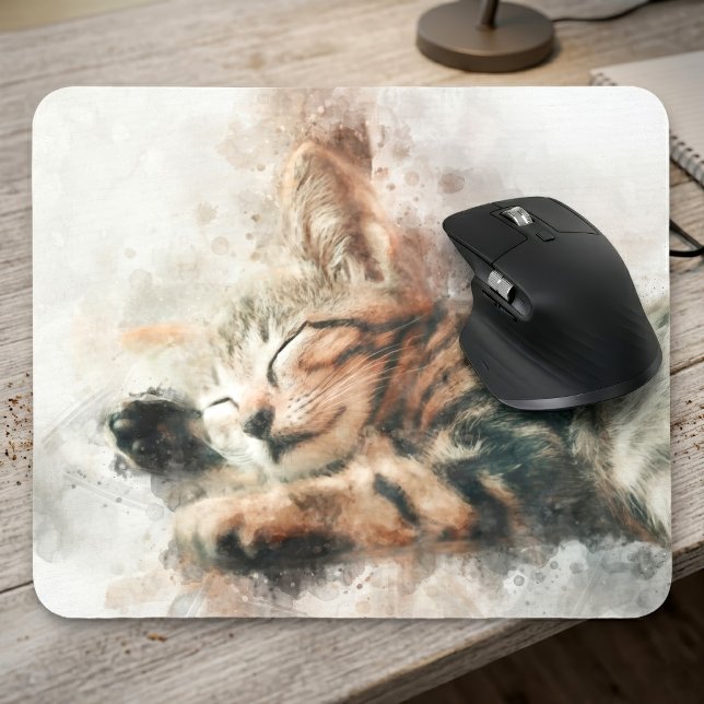 Mousepad Lindo e fofo gatinho dormindo aquarela (Beautiful and cute kitten sleeping watercolor. mouse pad)
