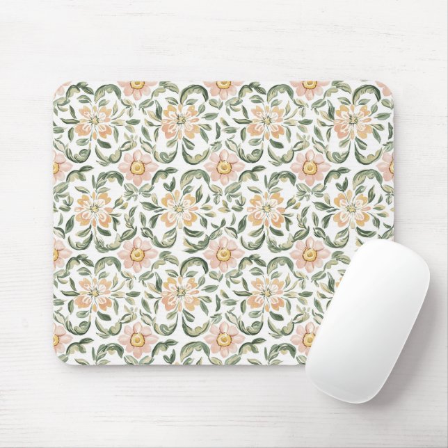 Mousepad Lindo Floral Rosa Bege Folhas Verdes (Com mouse)