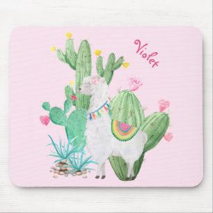 Mousepad Lindo Llama e Cacto Aquarela - Rosa Pastel