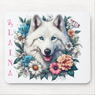 Mousepad Lindo Lobo Branco com Flores