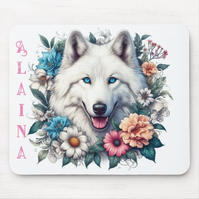 Mousepad Lindo Lobo Branco com Flores (Frente)