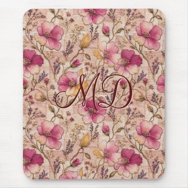 Mousepad Lindo padrão de flor de remendo rosa (Frente)