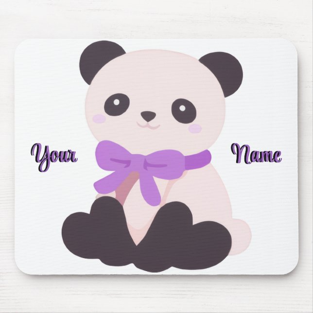 Mousepad Lindo Panda Sentado Kawaii com Laço Roxo Personali (Frente)