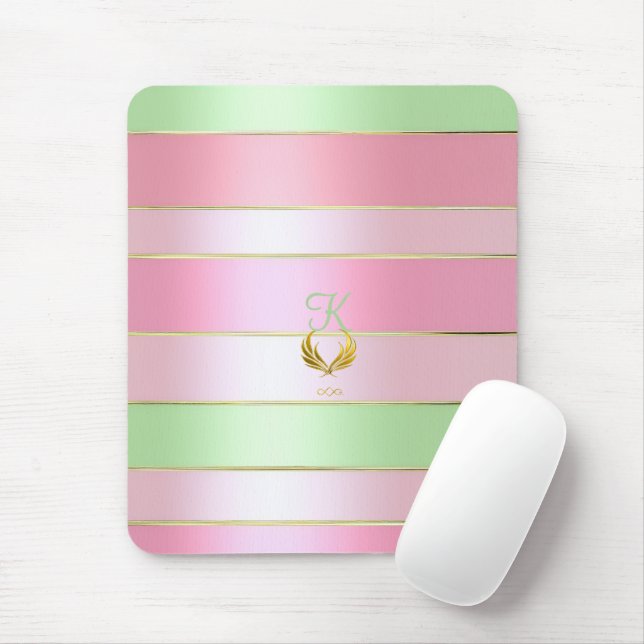 Mousepad Lindo Rosa Pastel e Verde Monogramado  (Com mouse)