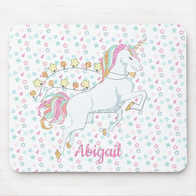 Mousepad Lindo Unicórnio Mágico Rosa Pastel Estrelas (Frente)