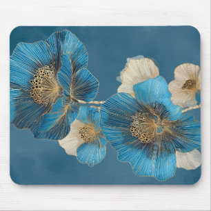 Mousepad Linha Dourada Arte População Botânica Floral Azul