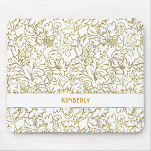 Mousepad Linhas Desenho Dourado Damascos Florais Branco Fun
