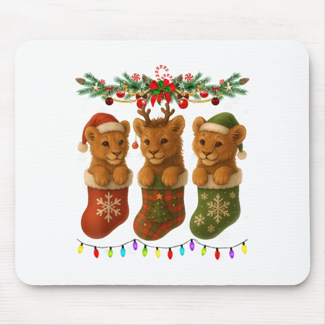 Mousepad Lion In Christmas Socks Lights Lion Xmas  (Frente)