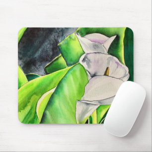 Mousepad Lírio-de-arum branco aquarela floral tropical