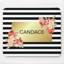 Mousepad Listra Preta e Branca e Dourado com Rosas Vintage