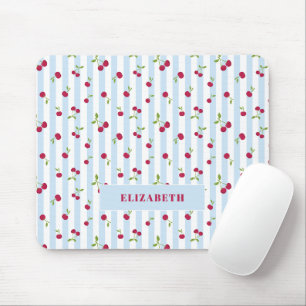 Mousepad Listras Azuis Cereja Personalizadas Retro Fofo