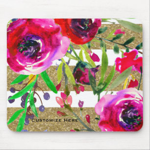 Mousepad Listras Brancas Douradas Floral Botânico Glam Ousa