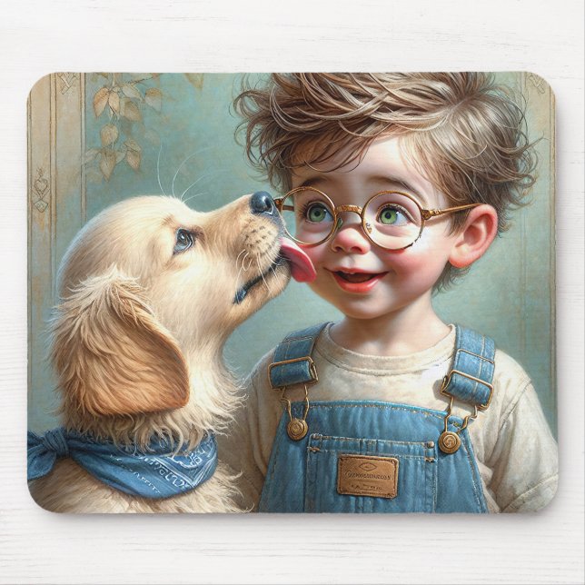Mousepad Little Boy beijado por Ouro Retriever Puppy (Frente)