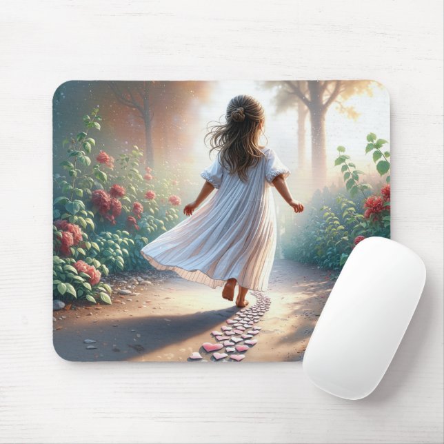 Mousepad Little Girl Running On a Heart Path (Com mouse)
