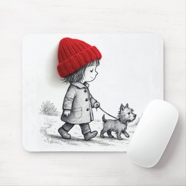 Mousepad Little Girl Walking Her Dog (Com mouse)