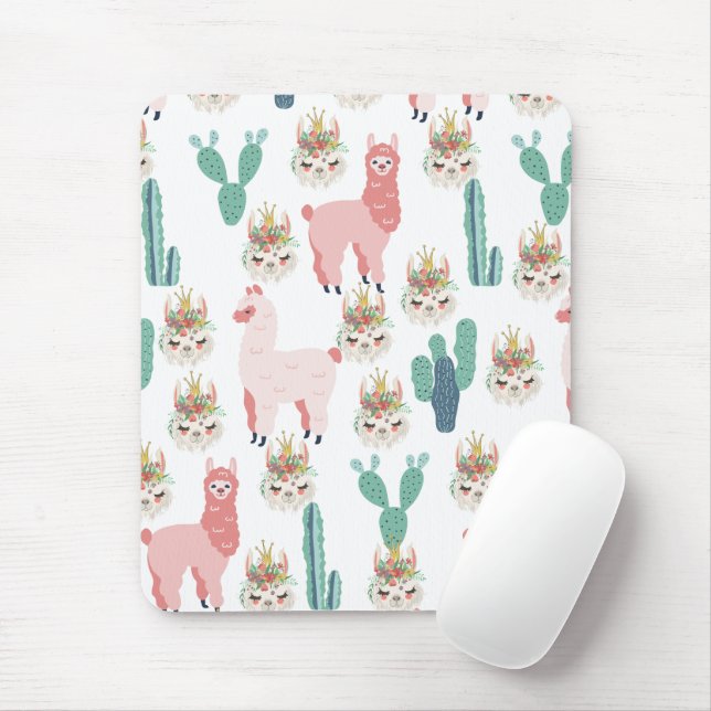Mousepad Llama rosa e cacto verde (Com mouse)