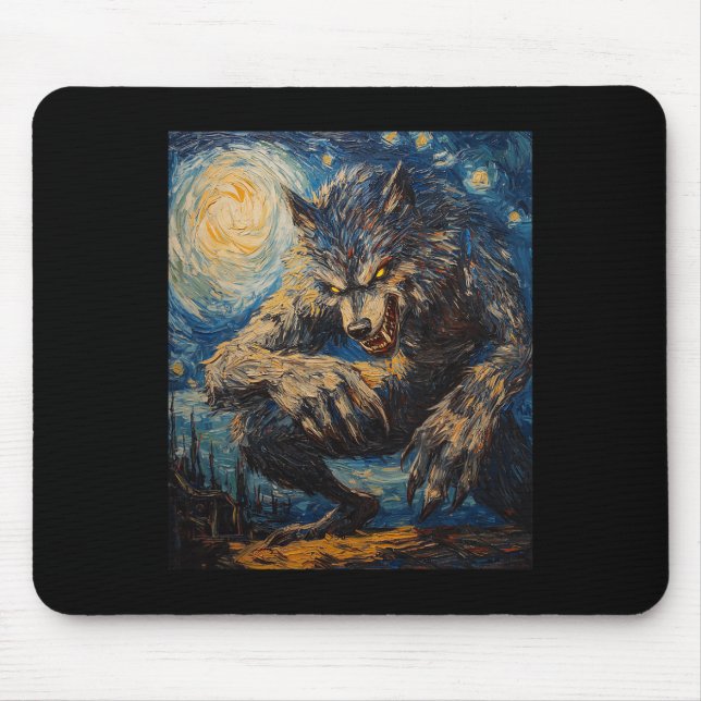 Mousepad Lobisomem Lobo - Estilo Van Gogh - Starry Nig (Frente)