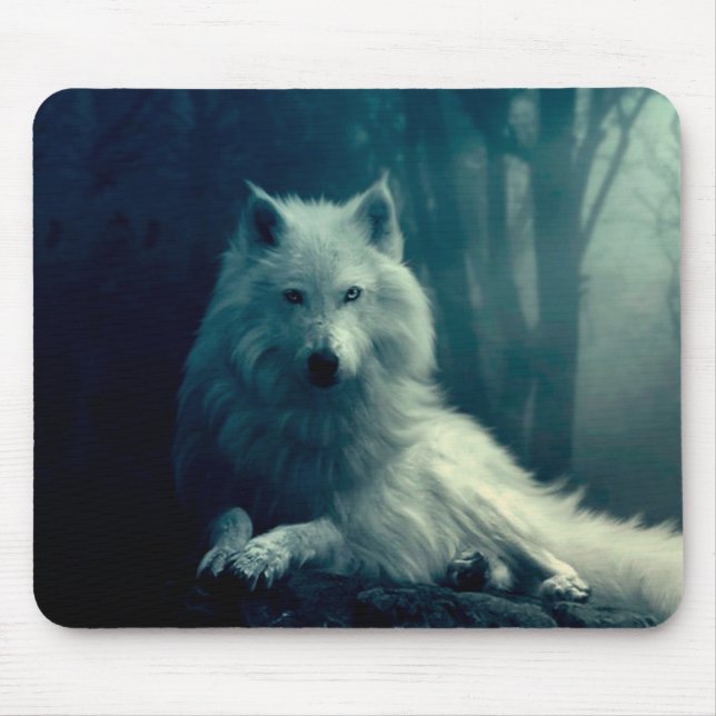 Mousepad Lobo branco na floresta noturna (Frente)