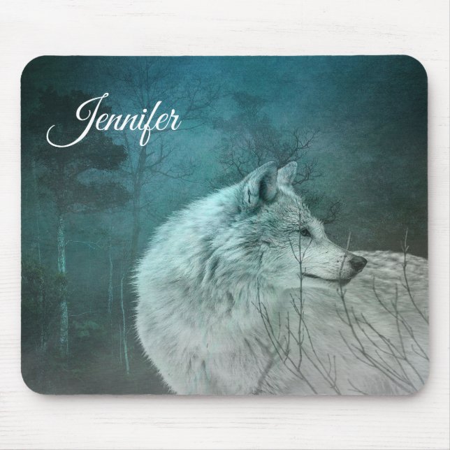 Mousepad Lobo Cinza bonito numa Floresta Escura (Frente)