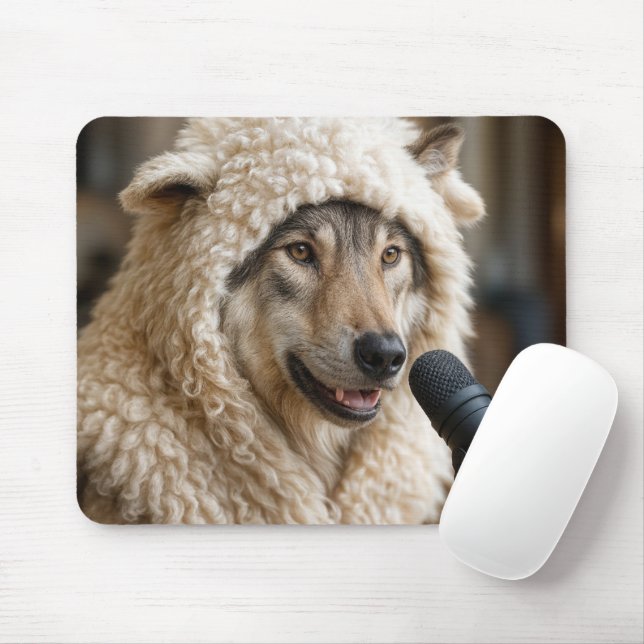 Mousepad Lobo com roupa de ovelha fazendo um podcast (Com mouse)