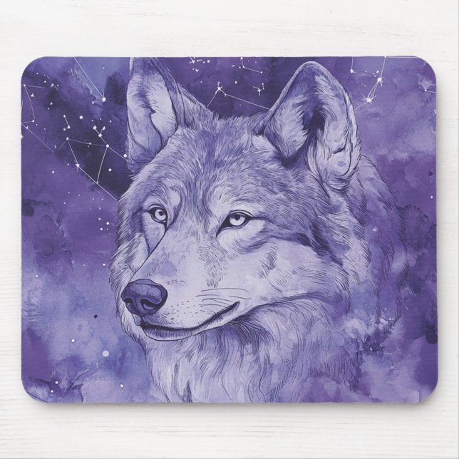 Mousepad Lobo Cósmico Roxo Aquarela (Frente)
