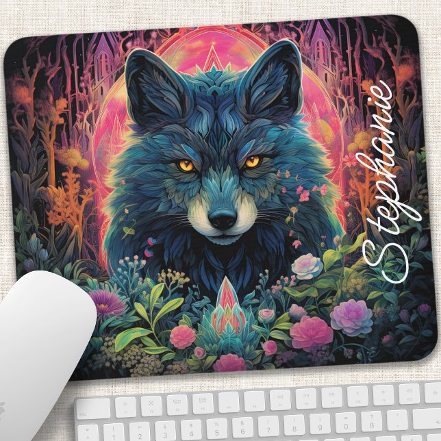 Mousepad Lobo da Floresta Floral Personalizado (Criador carregado)
