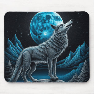 Mousepad Lobo em frente à lua cheia arte AI