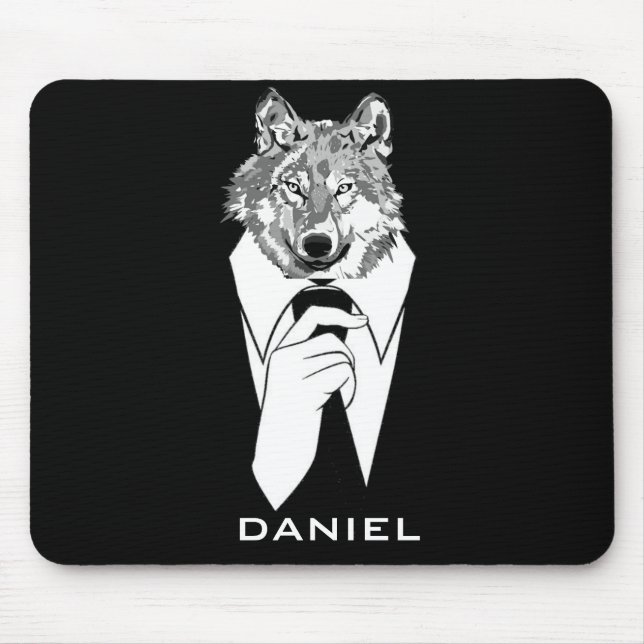 Mousepad Lobo engraçado do hipster com o smoking preto (Frente)