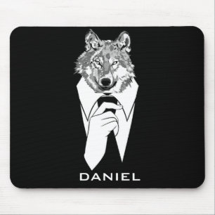 Mousepad Lobo Hipster Engraçado com Smoking Preto Personali