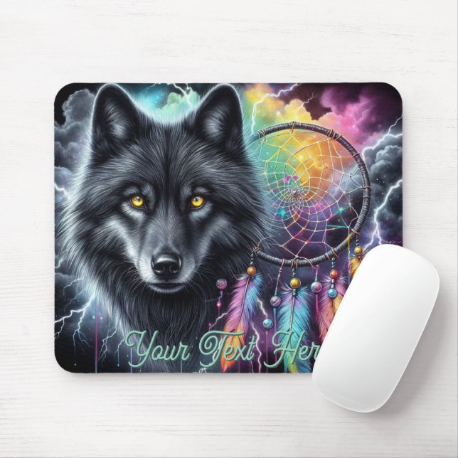 Mousepad Lobo Negro com um Apanhador de Sonhos (Com mouse)