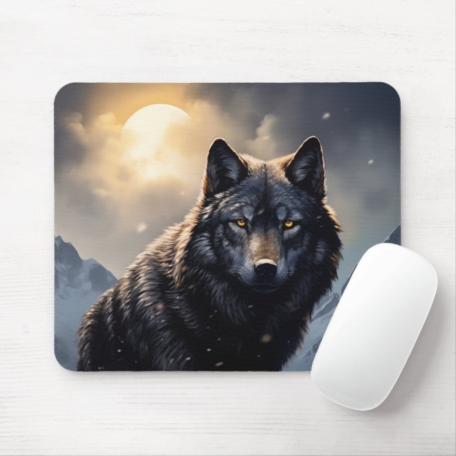 Mousepad Lobo Negro nas Montanhas Snowy (Com mouse)