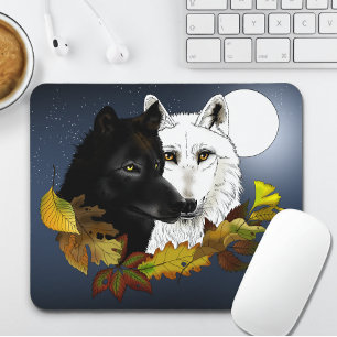 Mousepad Lobos Preto Branco Luar Folhas de Outono