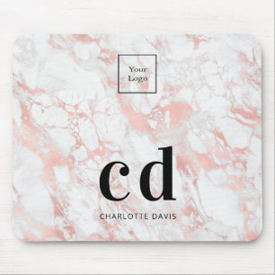 Mousepad Logotipo branco rosa ouro monograma marble busines