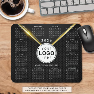 Mousepad Logotipo comercial 2026 Calendário Preto Dourado
