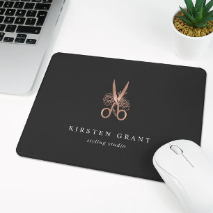 Mousepad Logotipo de Salão da Tesoura Floral Dourada rosa