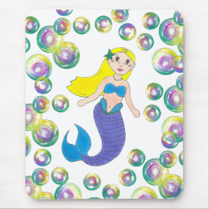 Mousepad Loira Nadando Sereia Rapariga Bolhas Oceano