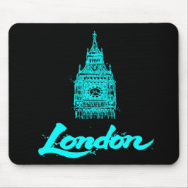 Mousepad Londres Neon Ciano Big Ben Esboço Moderno Preto