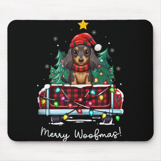 Mousepad Long Haired Dachshund Christmas Dog Truck Plaid Fu (Frente)