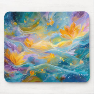 Mousepad Lótus Dourado Abstrato Flores Flutuantes