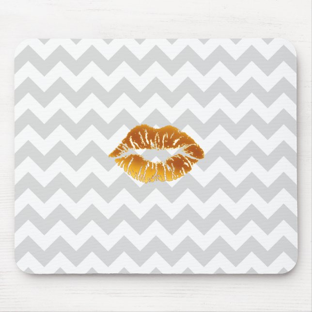 Mousepad Lt Cinza White Chevron, Dourado Lipstick Kiss (Frente)