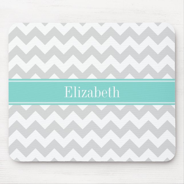 Mousepad Lt Cinza Wht Chevron Aqua Turquoise Nome Monograma (Frente)