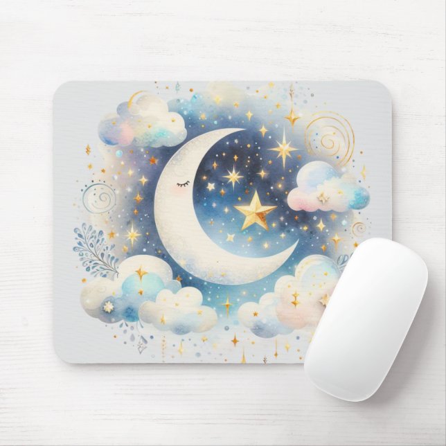 Mousepad Lua Crescente Azul e Branco Celestial Boho Moderno (Com mouse)