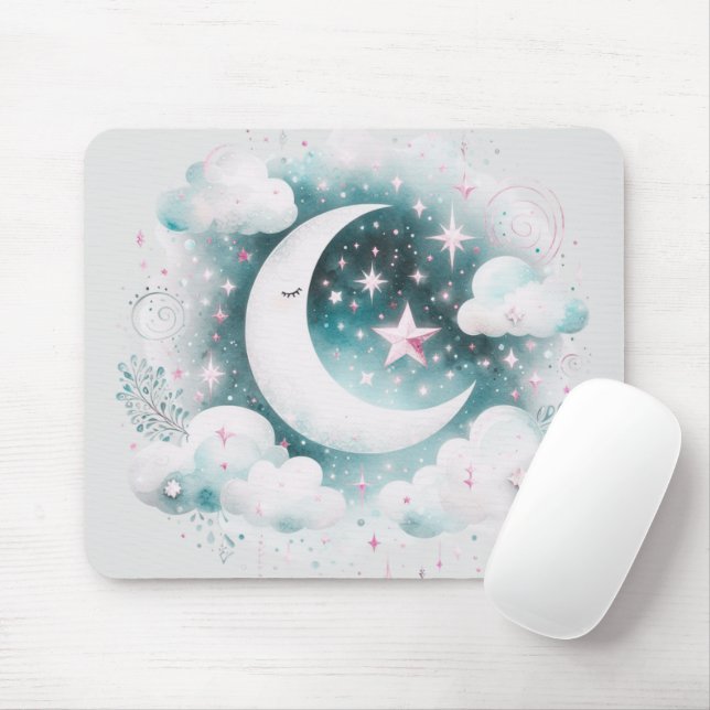 Mousepad Lua Crescente Azul e Branco Celestial Boho Moderno (Com mouse)