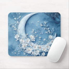MOUSEPAD LUA CRESCENTE AZUL PASTEL COM FLORES BRANCAS
