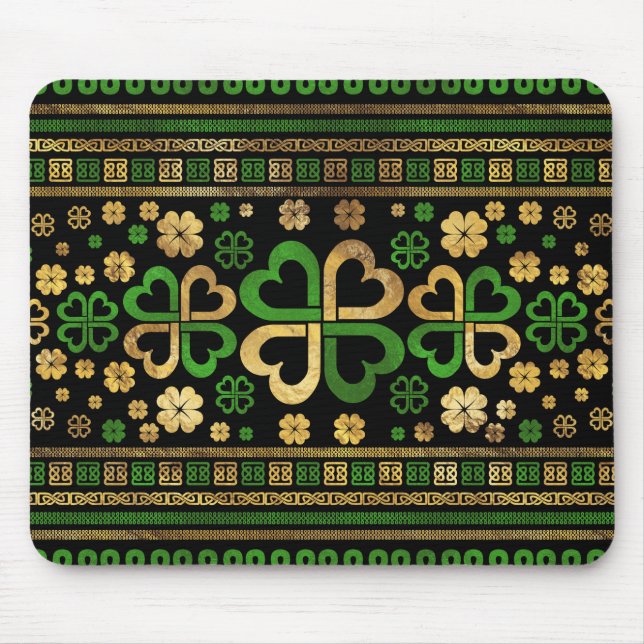 Mousepad Lucky Shamrock, 4 folhas, verde e Dourado (Frente)